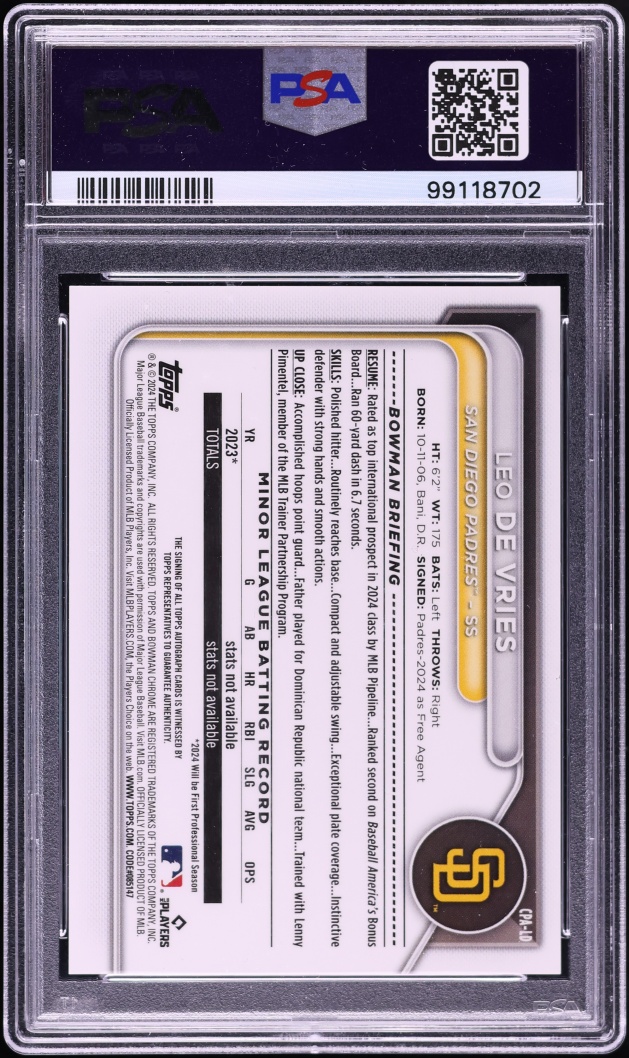 2024 Bowman Chrome Leo De Vries PROSPECT AUTO #CPA-LD PSA 10 GEM MINT