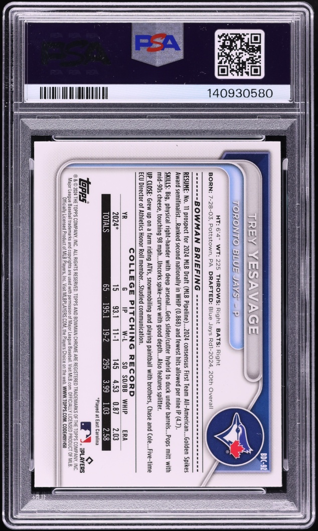 2024 Bowman Chrome Draft Steel Metal Refractor Trey Yesavage PROSPECT /100 #BDC-92 PSA 10 GEM