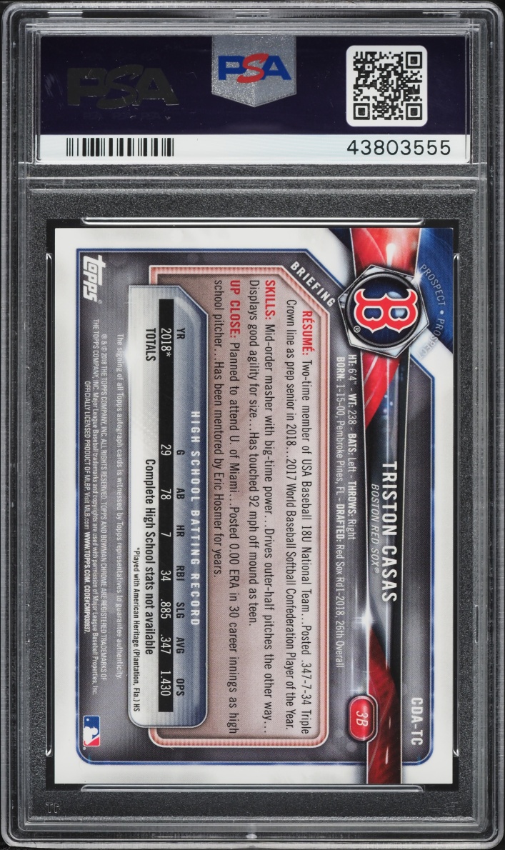 2018 Bowman Chrome Draft Triston Casas PROSPECT AUTO #CDA-TC PSA 10 GEM MINT