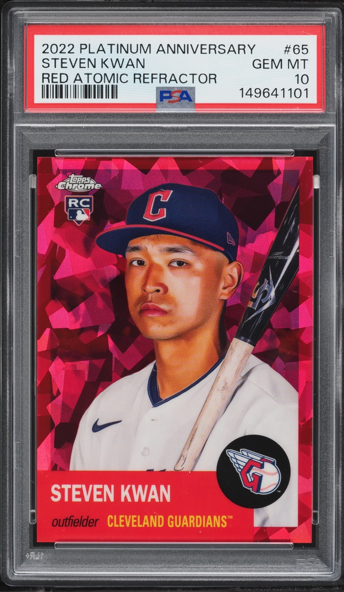 2022 Topps Chrome Platinum Anniversary Red Atomic Refractor Steven Kwan ROOKIE /100 #65 PSA 10