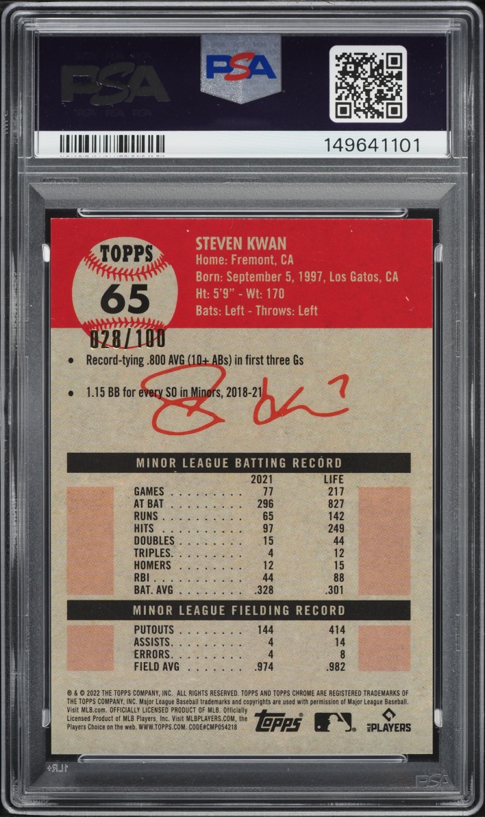 2022 Topps Chrome Platinum Anniversary Red Atomic Refractor Steven Kwan ROOKIE /100 #65 PSA 10