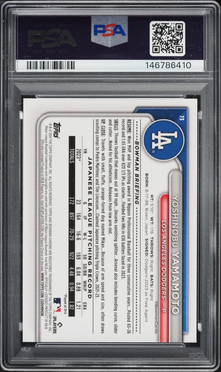 2024 Bowman Chrome Mega Box Yoshinobu Yamamoto ROOKIE #73 PSA 9 MINT