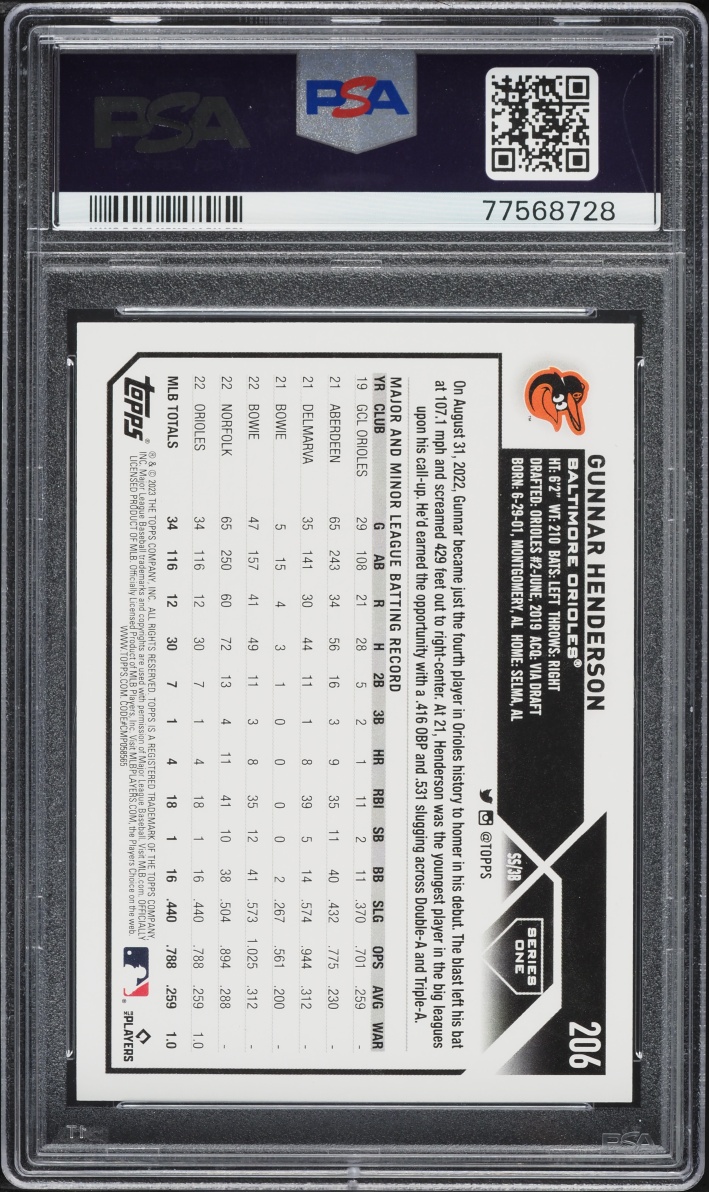 2023 Topps Gunnar Henderson ROOKIE #206 PSA 10 GEM MINT