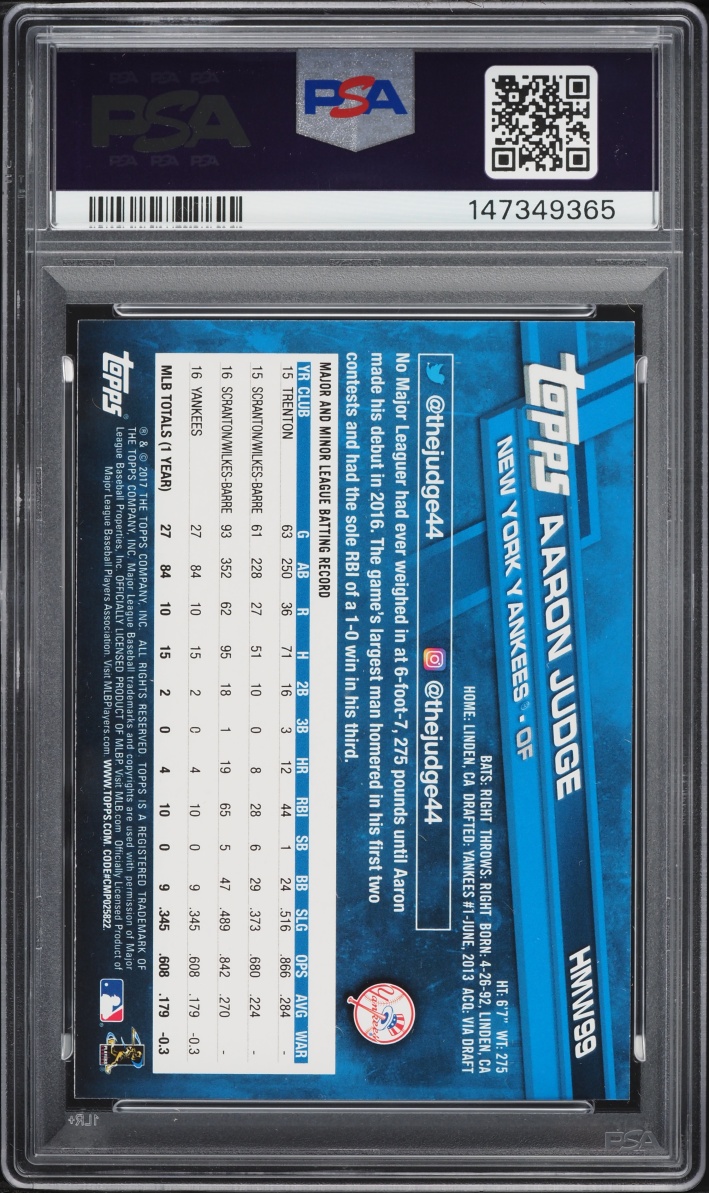 2017 Topps Holiday Aaron Judge ROOKIE #HMW99 PSA 9 MINT