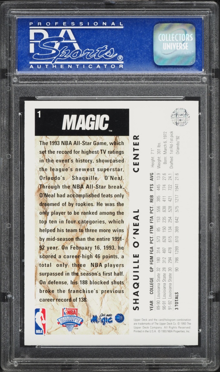 1992 Upper Deck Basketball Shaquille O'Neal ROOKIE #1 PSA 8 NM-MT