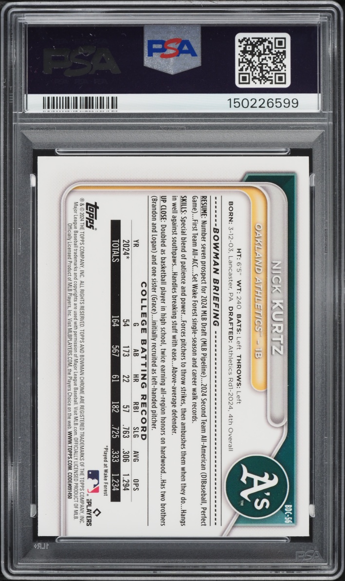 2024 Bowman Draft Chrome Nick Kurtz PROSPECT #BDC-56 PSA 9 MINT