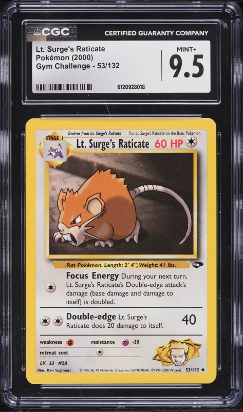 2000 Pokemon Gym Challenge Lt. Surge's Raticate #53 CGC 9.5 MINT+