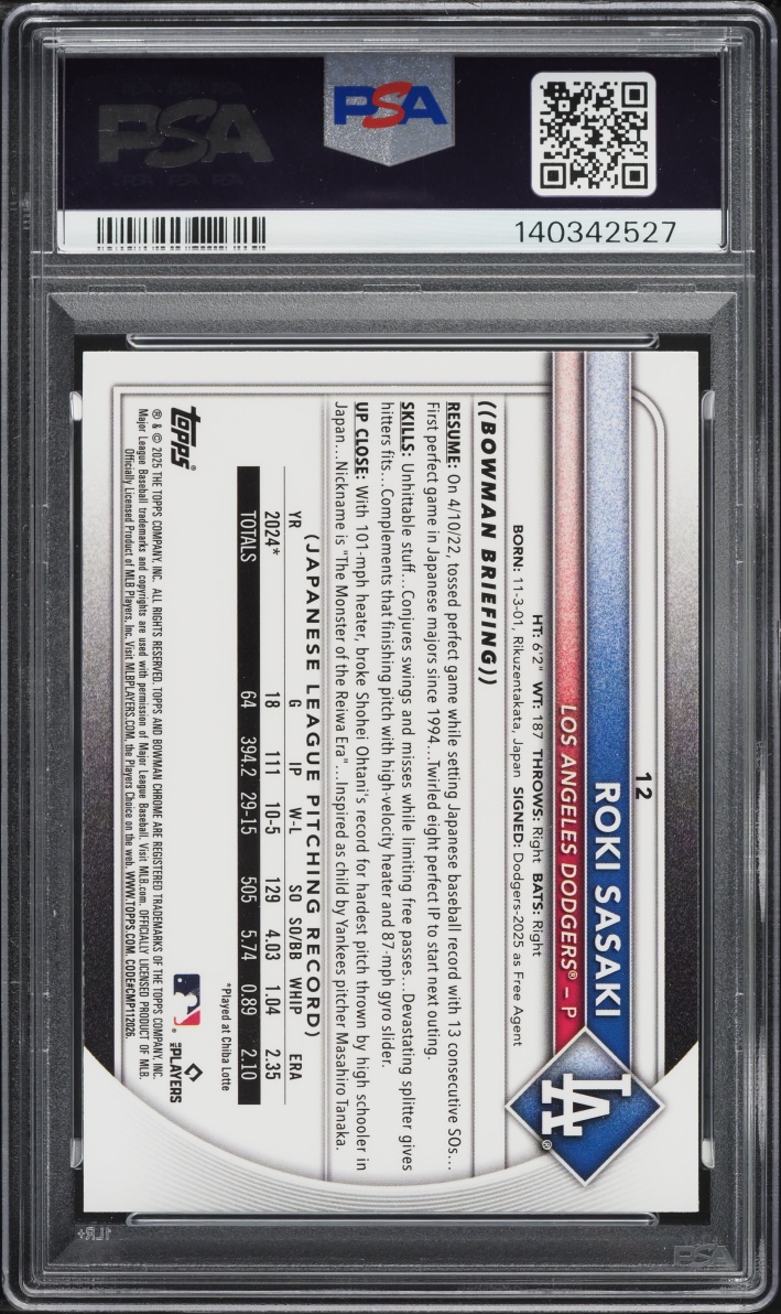 2025 Bowman Chrome Pulsar Refractor Roki Sasaki ROOKIE /399 #12 PSA 9 MINT