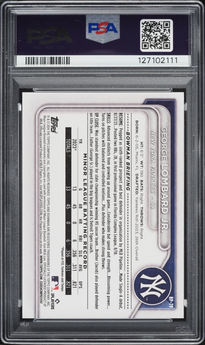 2024 Bowman Paper Prospects George Lombard Jr. PROSPECT #BP-79 PSA 10 GEM MINT