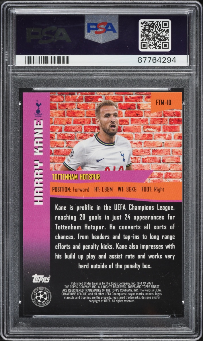 2022 Finest UEFA Club Competitions The Man Purple Refractor Harry Kane /299 #FTM10 PSA 10 GEM