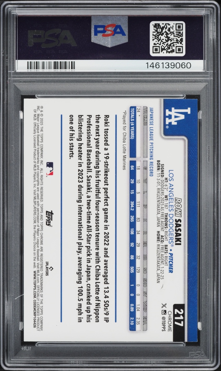 2025 Topps Chrome Sepia Refractor Roki Sasaki #217 PSA 10 GEM MINT