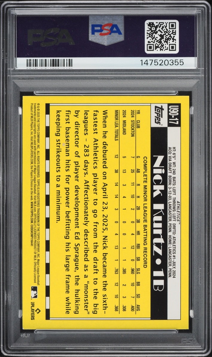 2025 Topps Update '90 Topps Baseball Nick Kurtz ROOKIE #17 PSA 10 GEM MINT