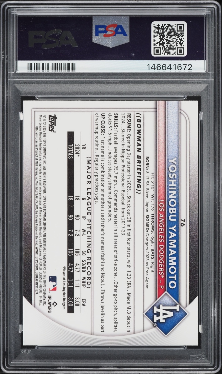 2025 Bowman Chrome Mega Box Yoshinobu Yamamoto #76 PSA 10 GEM MINT