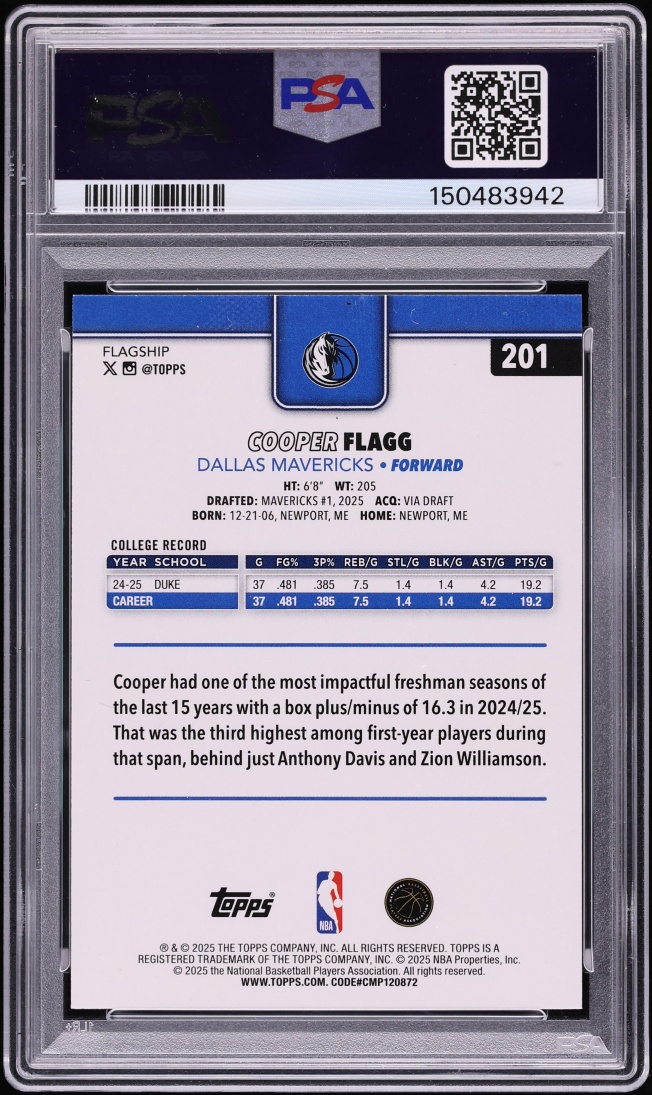 2025 Topps Basketball Cooper Flagg ROOKIE #201 PSA 8 NM-MT