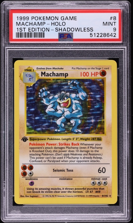 1999 Pokemon Base Set Shadowless 1st Edition Holo Machamp #8 BGS 10 PRISTINE on Fanatics Collect 1999 Pokemon Base Set Shadowless 1st Edition Holo Machamp #8 BGS 10 PRISTINE on Fanatics Collect