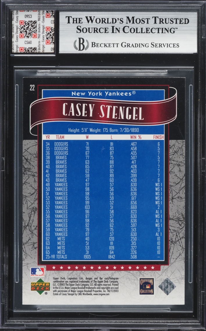 2003 SP Legendary Cuts Casey Stengel PATCH #22 BGS AUTH