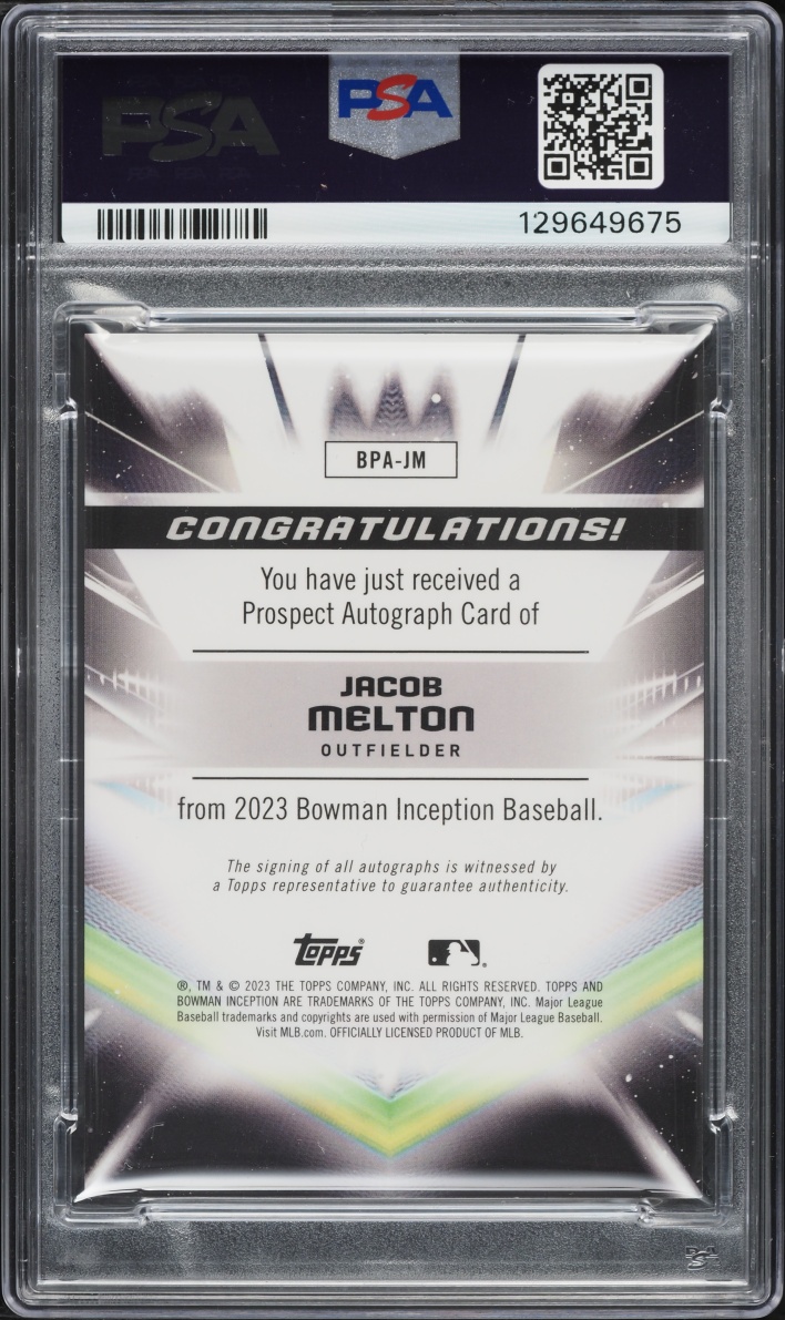 2023 Bowman Inception Blue Foil Jacob Melton PROSPECT AUTO /99 #BPAJM PSA 9 MINT