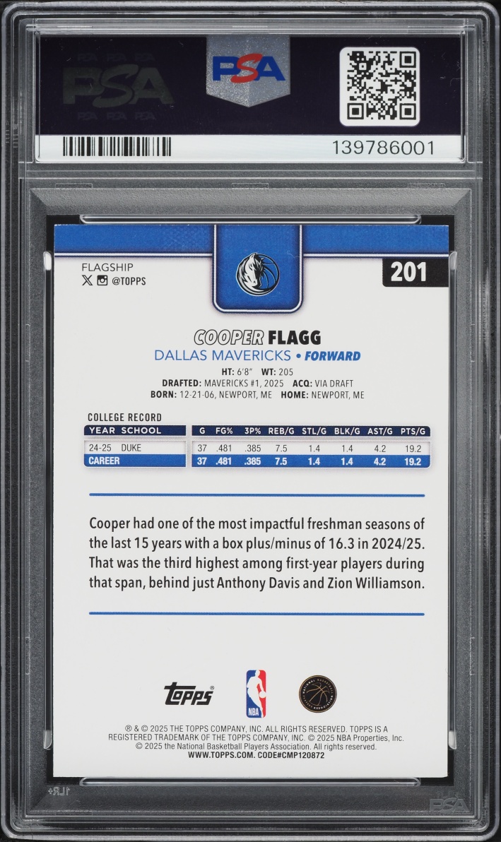 2025 Topps Basketball Cooper Flagg ROOKIE #201 PSA 8 NM-MT