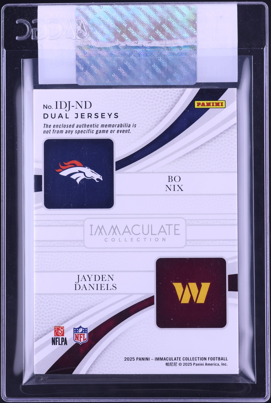 2025 Immaculate Collection Dual Bo Nix Jayden Daniels PATCH /49 #IDJ-ND CGC AUTH