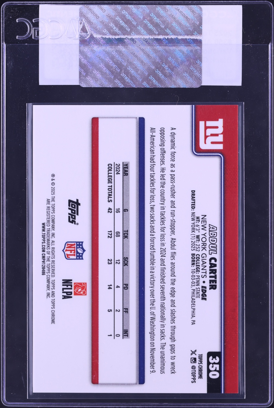 2025 Topps Chrome Variation Black Geometric Refractor Abdul Carter ROOKIE 1/10 #350 CGC AUTH