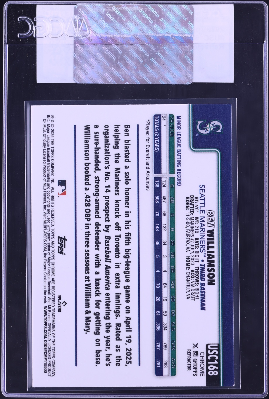 2025 Topps Chrome Update Refractor Ben Williamson ROOKIE #USC168 CGC AUTH