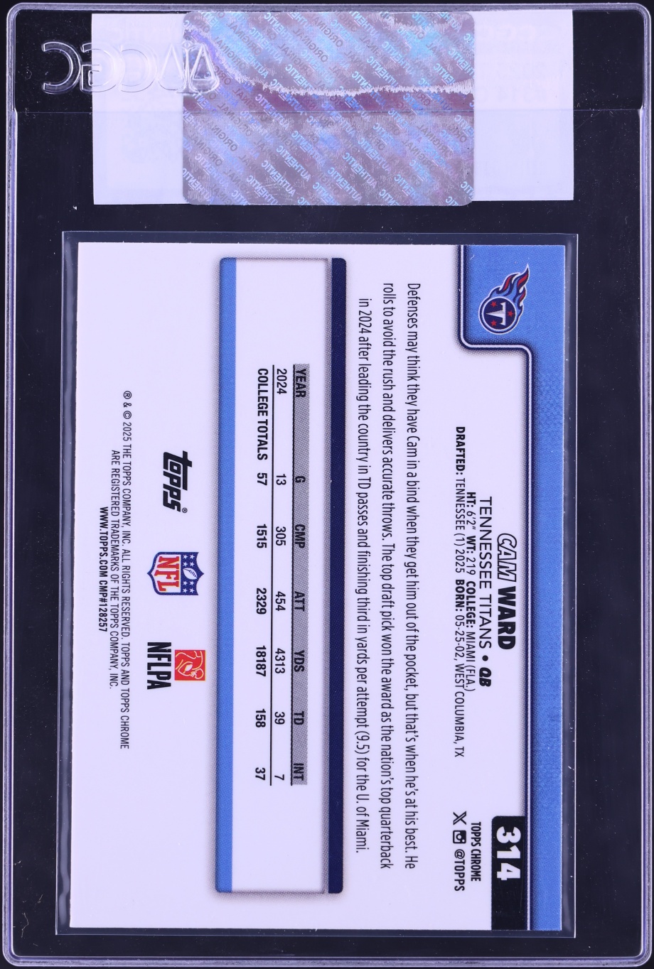 2025 Topps Chrome Cam Ward ROOKIE #314 CGC AUTH