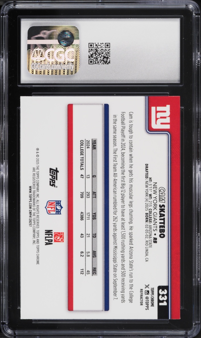 2025 Topps Chrome Refractor Cam Skattebo ROOKIE #331 CGC 10 GEM MINT