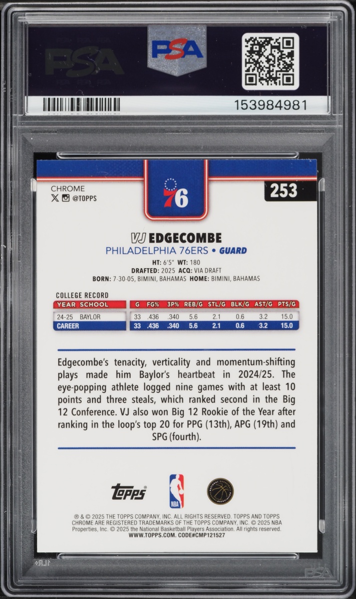 2025 Topps Chrome Xfractor VJ Edgecombe ROOKIE #253 PSA 9 MINT