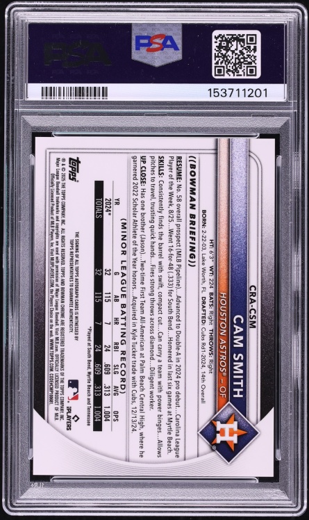 2025 Bowman Chrome Blue Ref Cam Smith ROOKIE AUTO /150 #CRA-CSM PSA 10 GEM MINT