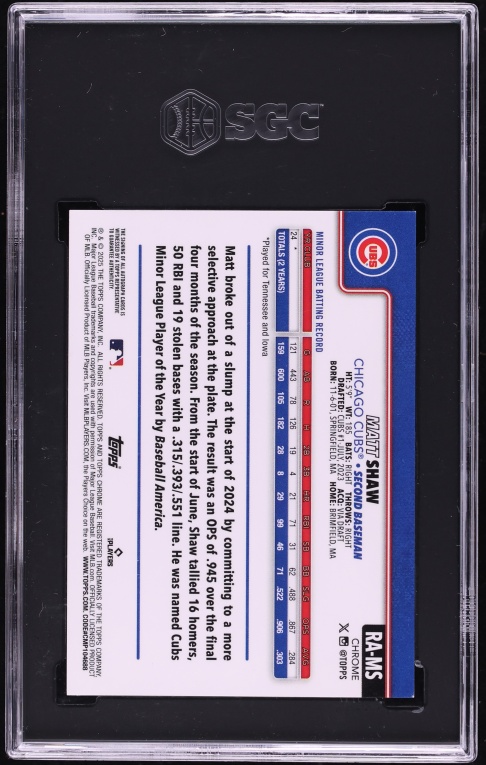 2025 Topps Chrome Black Refractor Matt Shaw ROOKIE AUTO /10 #RA-MS SGC 8.5 NM-MT+