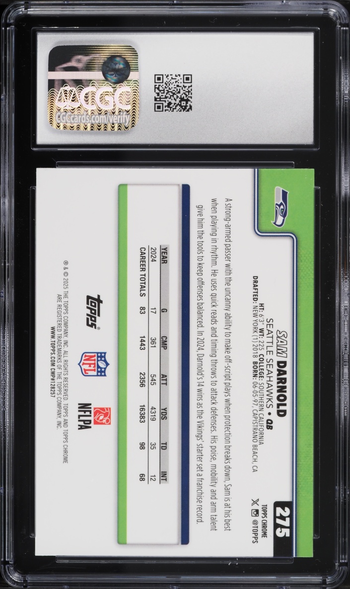 2025 Topps Chrome Football Leather Refractor Sam Darnold #275 CGC 9.5 MINT+