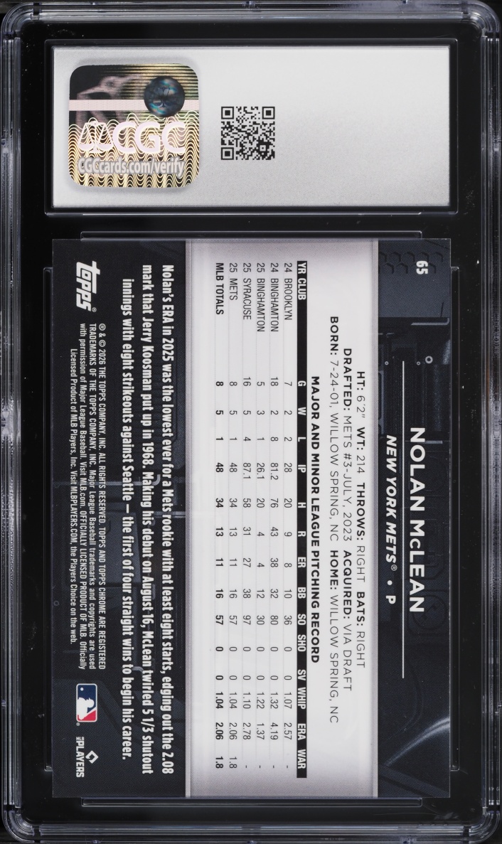 2026 Topps Chrome Black Gold Wave Refractor Nolan McLean ROOKIE /50 #65 CGC 8 NM-MT