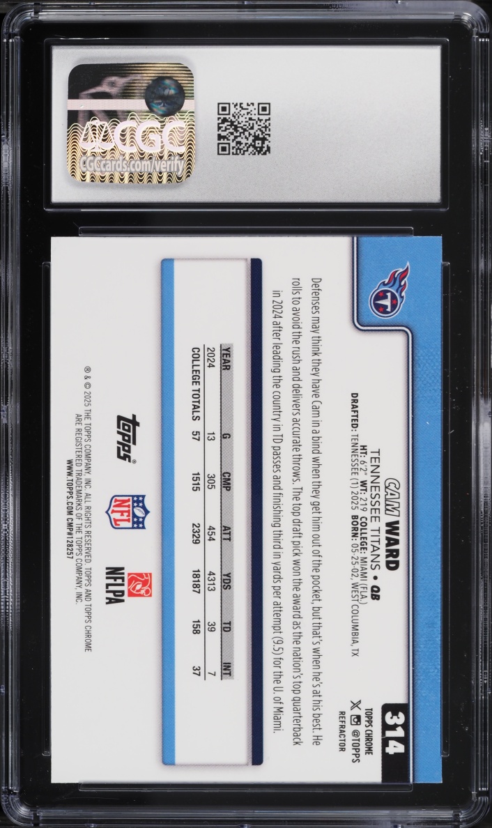 2025 Topps Chrome Refractor Cam Ward ROOKIE #314 CGC 9 MINT