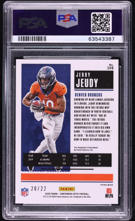 2020 Panini Contenders Cracked Ice Jerry Jeudy ROOKIE AUTO /22 #106 PSA 10 GEM MINT