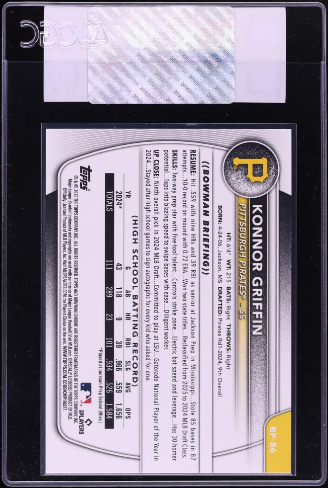 2025 Bowman Konnor Griffin PROSPECT #BP-86 CGC AUTH