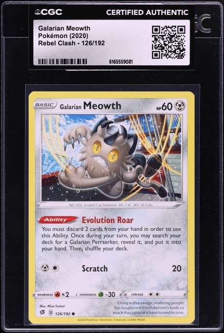2020 Pokemon Sword & Shield Rebel Clash Galarian Meowth #126 CGC AUTH