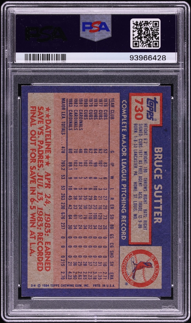1984 Topps Bruce Sutter #730 PSA 9 MINT