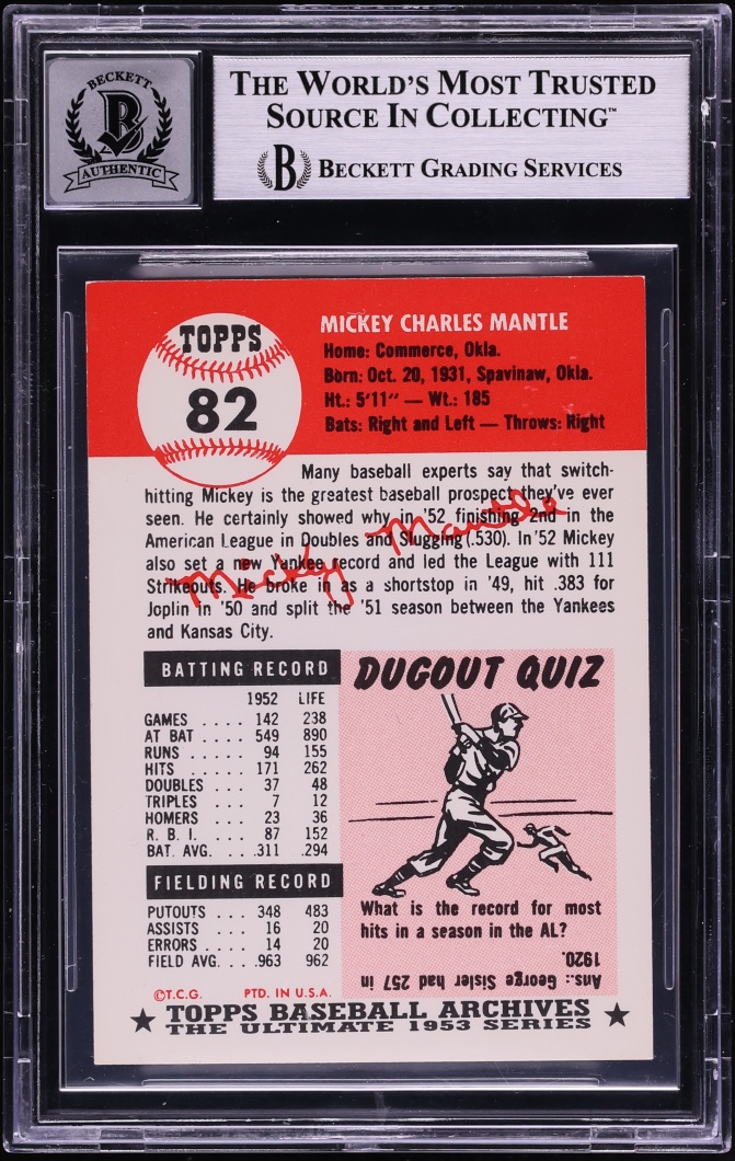 1991 Topps Archives '53 Mickey Mantle AUTO #82 BAS BGS AUTH