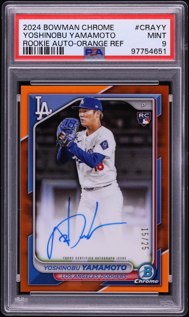 2024 Bowman Chrome Orange Refractor Yoshinobu Yamamoto ROOKIE AUTO /25 #CRAYY PSA 9 MINT
