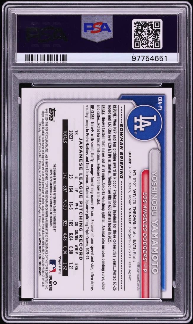 2024 Bowman Chrome Orange Refractor Yoshinobu Yamamoto ROOKIE AUTO /25 #CRAYY PSA 9 MINT