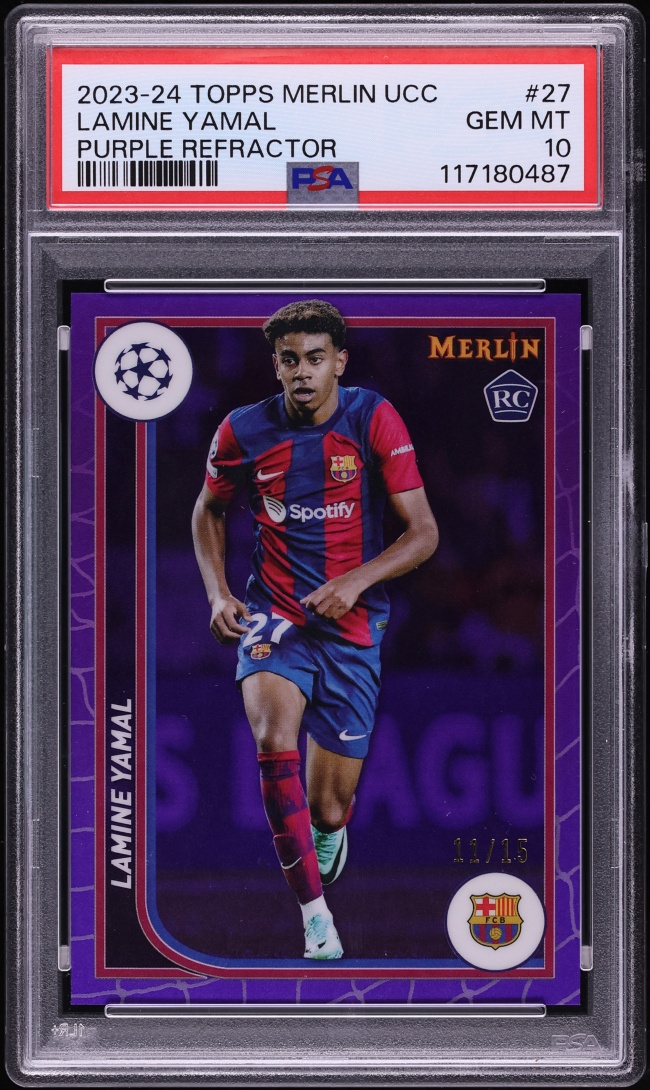 2023 Topps Merlin UEFA Club Competitions Purple Refractor Lamine Yamal ROOKIE /15 #27 PSA 10
