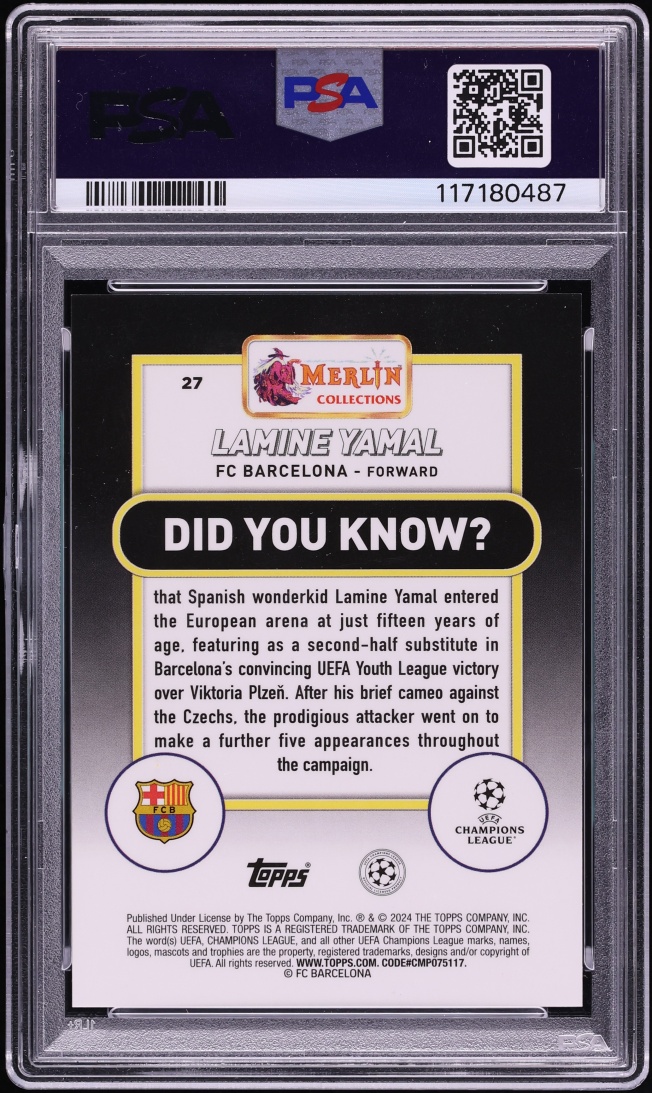 2023 Topps Merlin UEFA Club Competitions Purple Refractor Lamine Yamal ROOKIE /15 #27 PSA 10