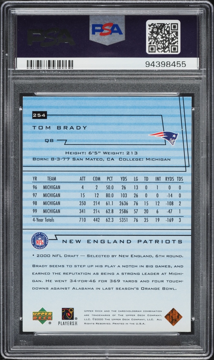 2000 Upper Deck TB12 Collection Tom Brady ROOKIE AUTO DNA 10 #254 PSA AUTH