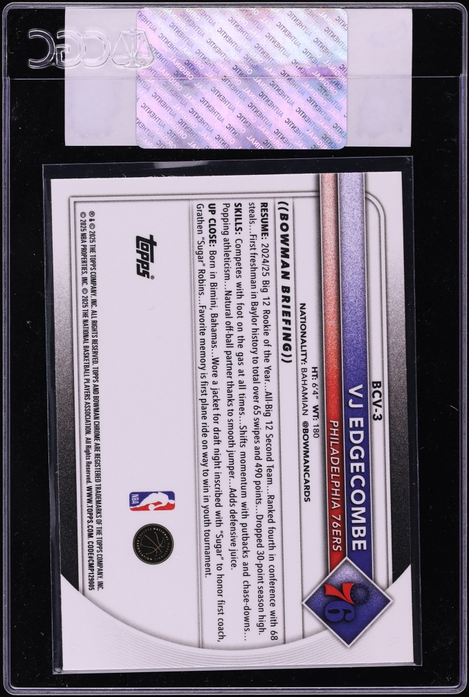 2025 Bowman Chrome VJ Edgecombe ROOKIE #BCV-3 CGC AUTH