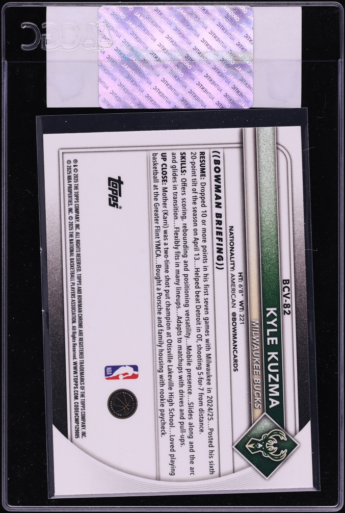 2025 Bowman Chrome Reptilian Refractor Kyle Kuzma #BCV-82 CGC AUTH