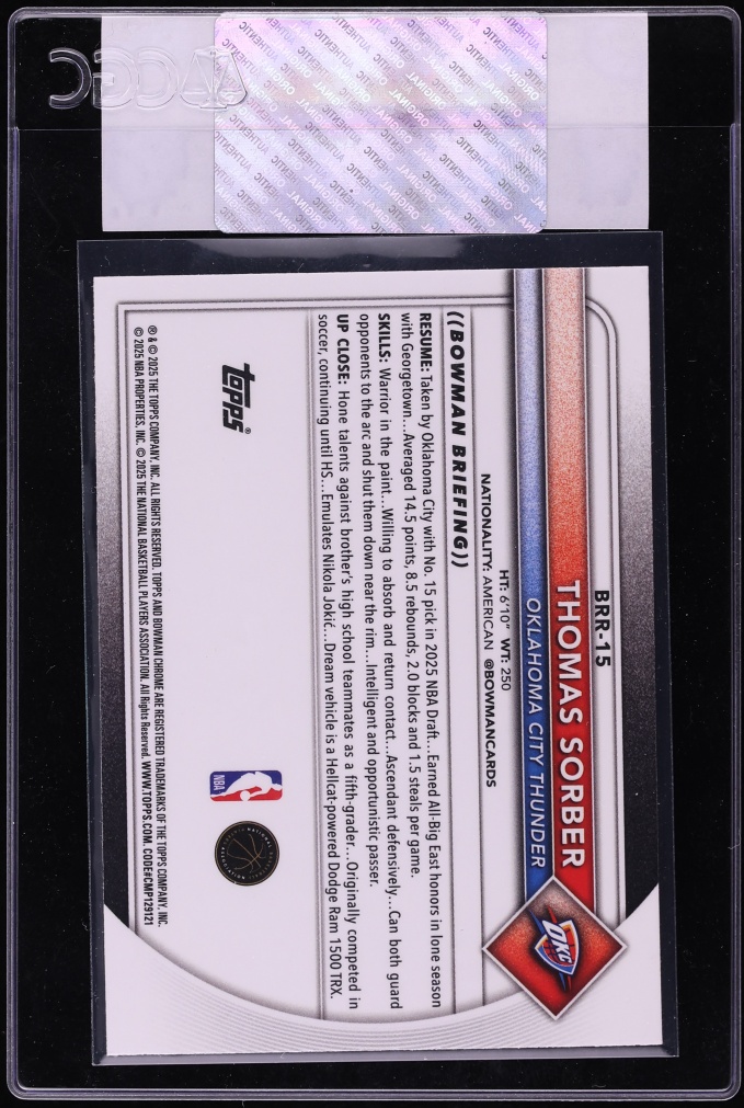 2025 Bowman Chrome Red Redemption Thomas Sorber ROOKIE #BRR-15 CGC AUTH
