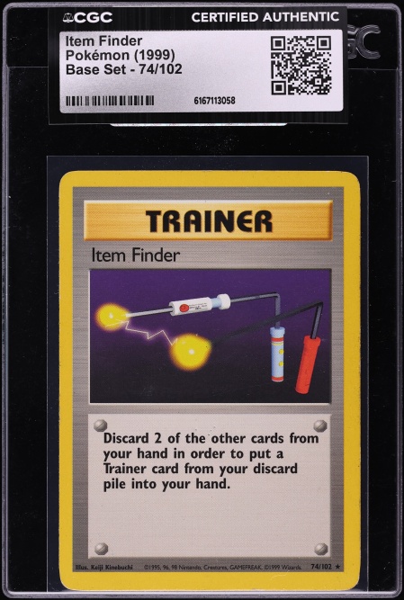 pokemon card item finder  Base Set First Edition #74(Shadowless) Discard 2 other cards from your hand in order to put a Trainer card from your discard pile into your hand. Item Finder - Base Set