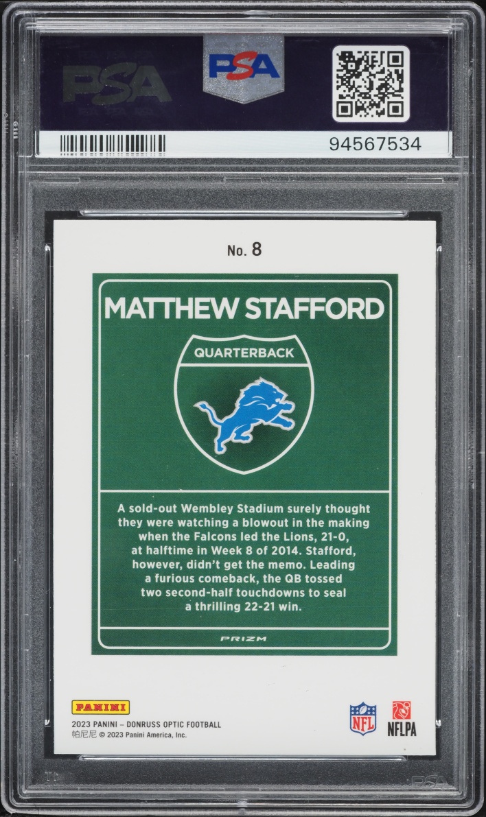 2023 Donruss Optic International Downtown Prizm Matthew Stafford #8 PSA 10 GEM MINT