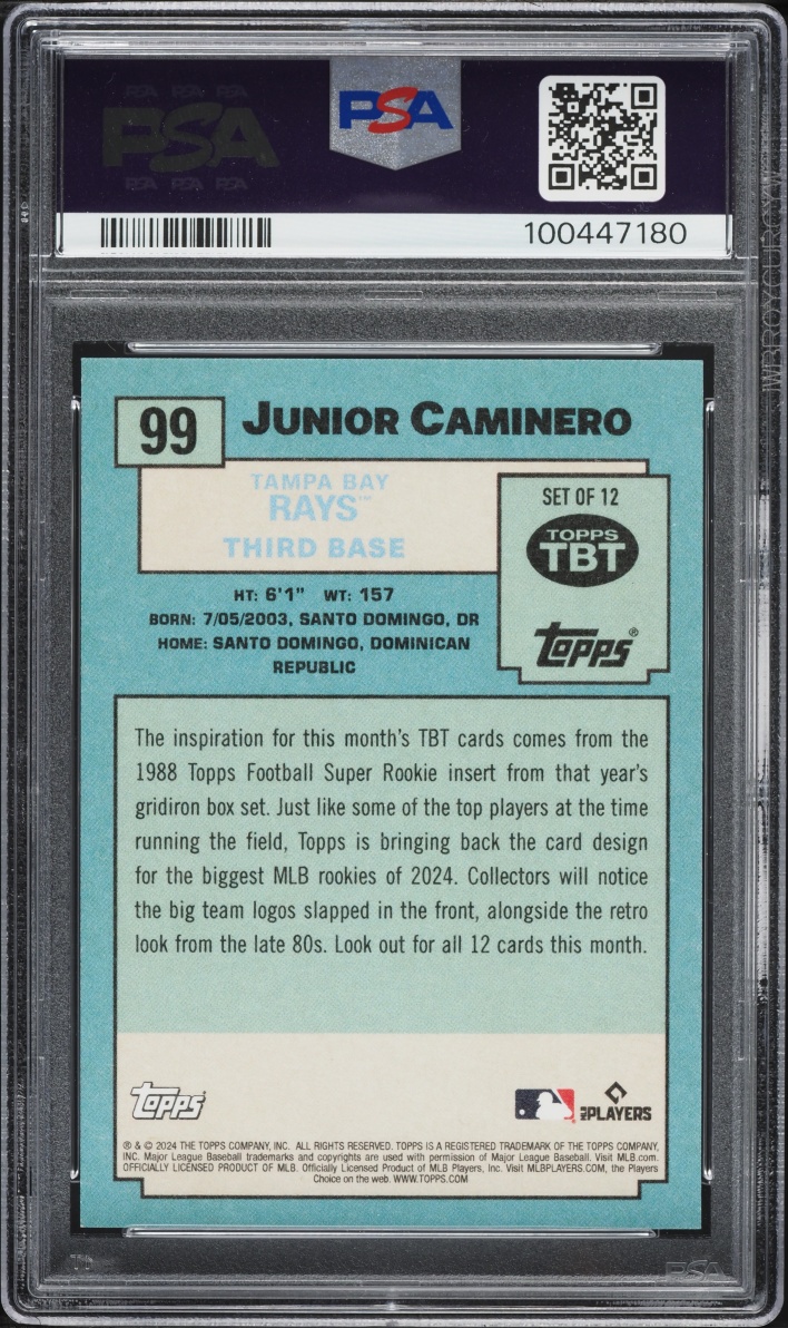 2024 Topps Throwback Thursday Junior Caminero ROOKIE #99 PSA 10 GEM MINT