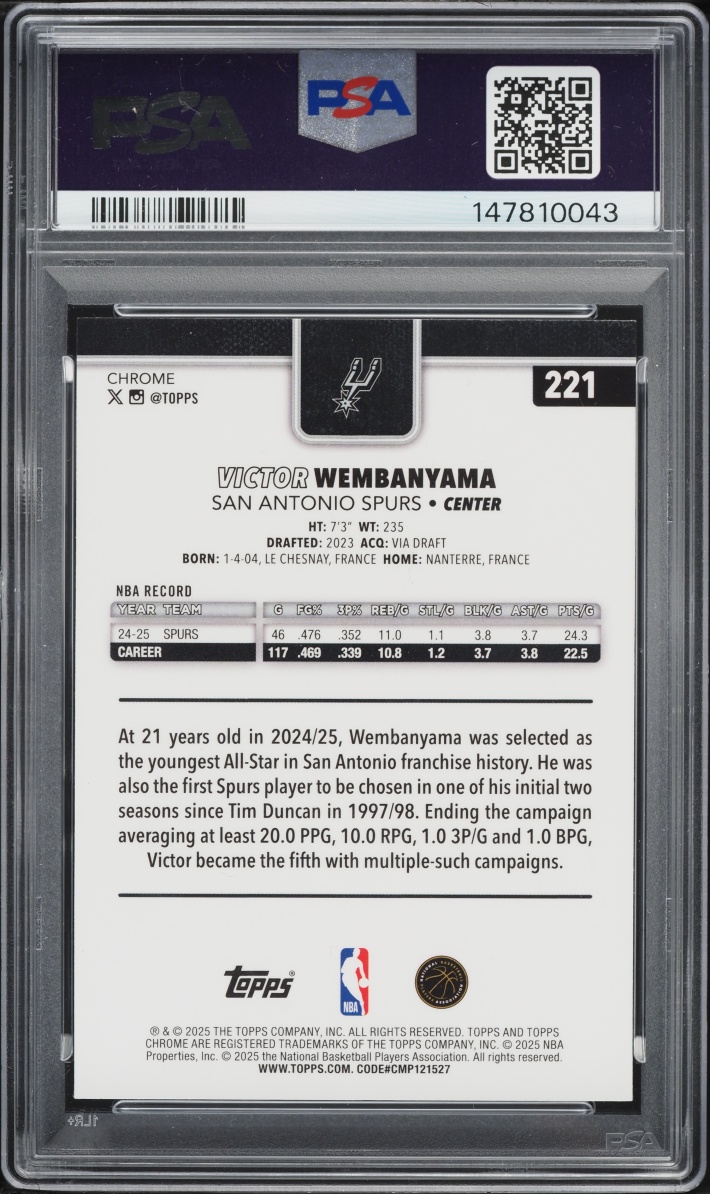 2025 Topps Chrome Aqua Raywave Victor Wembanyama /199 #221 PSA 9 MINT
